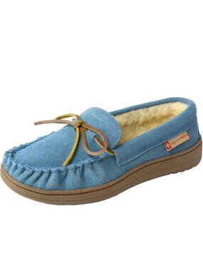Women's Blue Suede Alpine Swiss Sabine Moccasin Slippers Shearling House Shoes